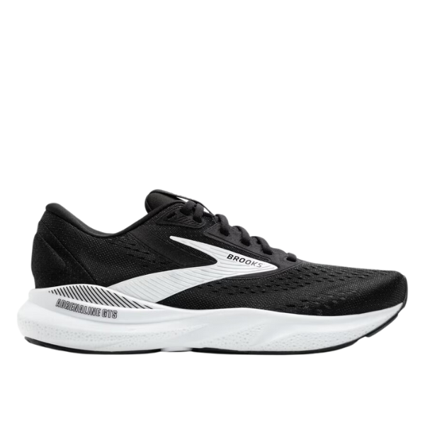 The Brooks Women’s Adrenaline GTS 24 Black/White is a black running shoe with white accents, featuring GuideRails support for added stability.