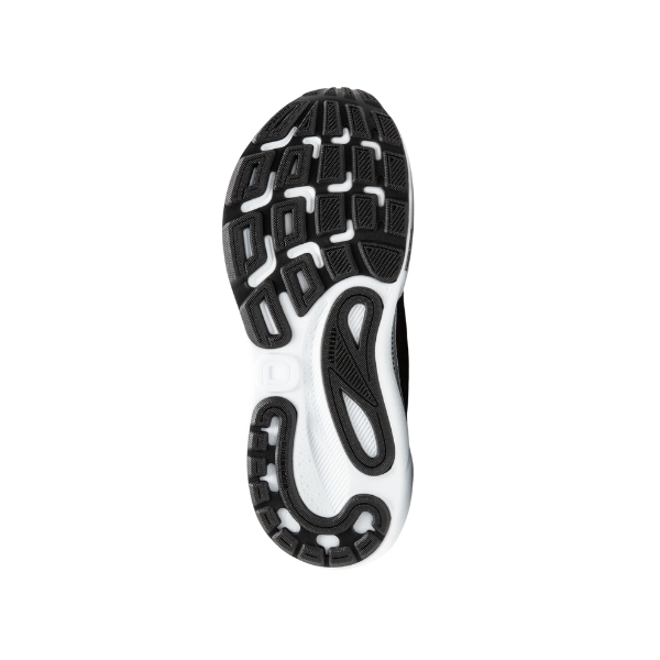 The image displays the sole of the BROOKS Womens Adrenaline GTS 24 Black/White running shoe from below, showcasing its textured black and white tread and GuideRails support for improved grip and stability against a plain white background.