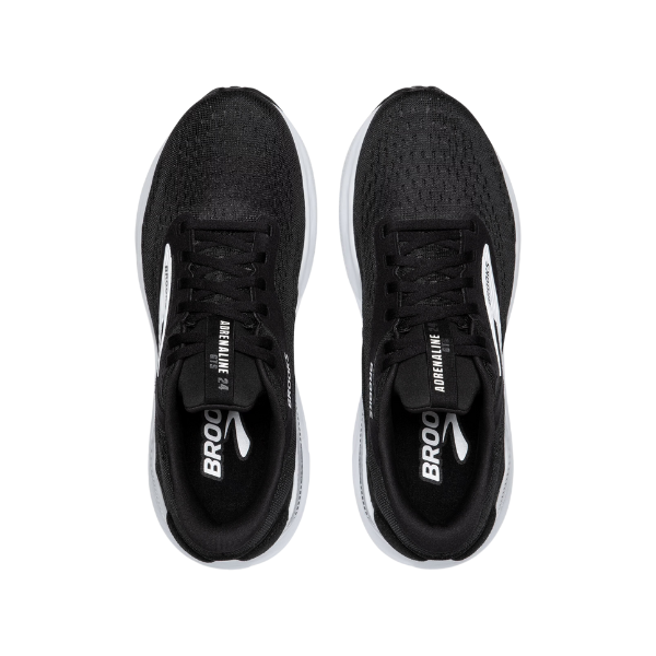 A top view of the Brooks Womens Adrenaline GTS 24 Black/White running shoes, featuring white soles, side logos, and insoles labeled BROOKS; offers updated GuideRails support inspired by the latest technology.