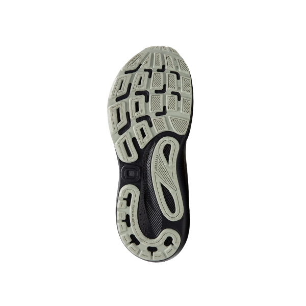 The image shows the black and light gray rubber sole of the Brooks Womens Adrenaline GTS 24 Wide Green/Black sneaker by BROOKS, featuring geometric tread patterns for grip, cushioning, and foot pain relief against a white background.