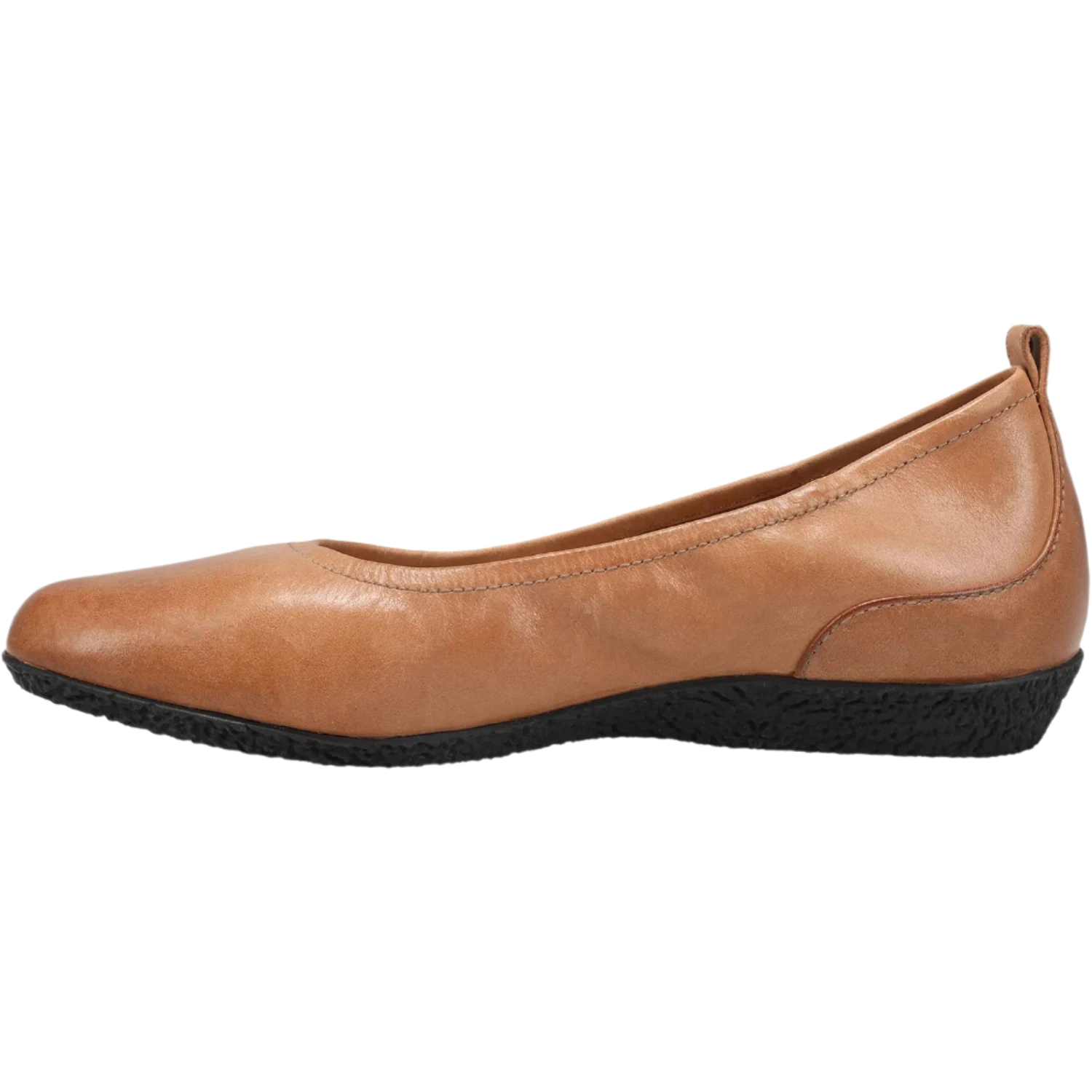 The TAOS Taos Womens Chit Chat Caramel is a tan leather flat with a rounded toe, black textured sole, small heel pull tab, and arch support for comfort—shown in side view. Ideal for everyday wear.