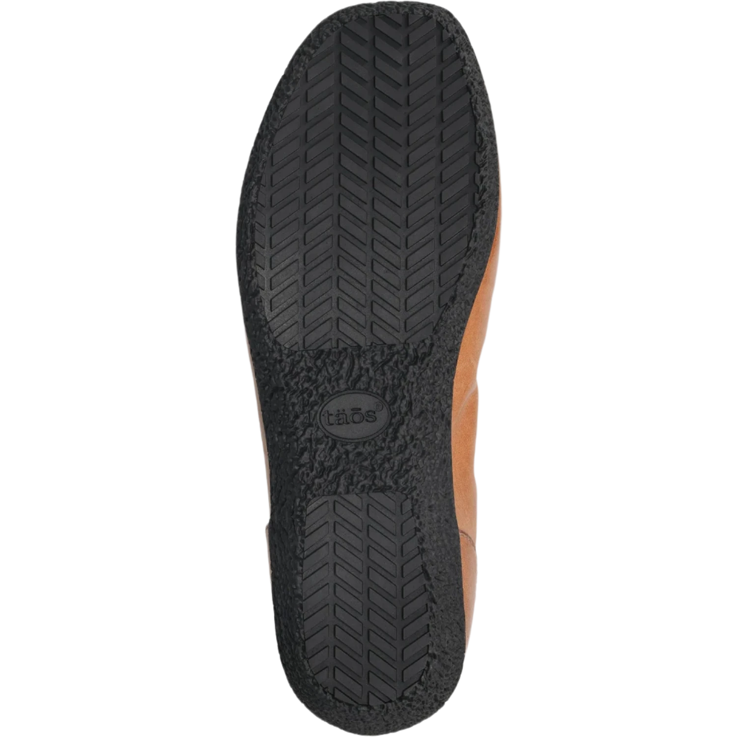 A close-up of the TAOS Womens Chit Chat Caramel sole shows a black herringbone tread, round logo, and textured edges. The brown upper suggests comfort features like arch support and a removable footbed.