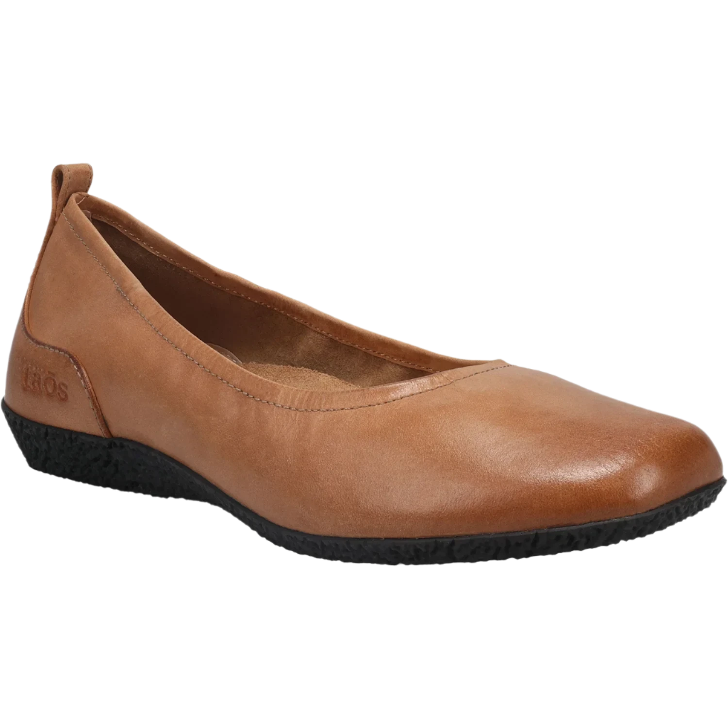 The TAOS Womens Chit Chat Caramel ballet flat features a rounded toe, low black textured sole, small heel pull tab, and removable footbed for extra comfort.