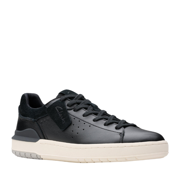 The CLARKS Mens Courtlite 2 Run Black features black leather, black laces, a suede heel accent, perforated sides, and an off-white rubber sole—captured from a front-side angle for classic sneaker style lovers.
