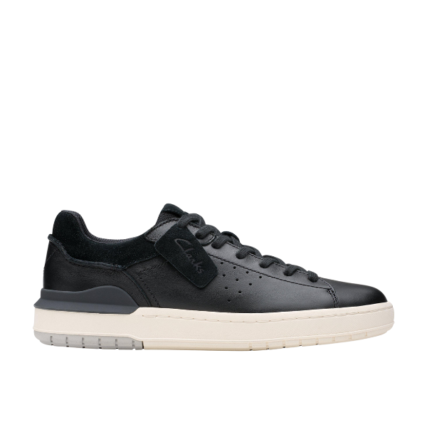 The CLARKS Mens Courtlite 2 Run Black is a modern, black leather sneaker with a white sole, perforated details, black laces, and a small Clarks logo on the side tab, offering retro-inspired style and all-day comfort.