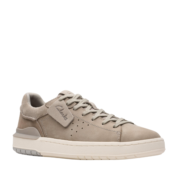 The CLARKS Mens Courtlite 2 Run Grey is a taupe suede low-top sneaker with beige sole, grey accents, perforated sides, branded lace tag, lightweight EVA sole, and a removable Contour Cushion footbed for comfort.