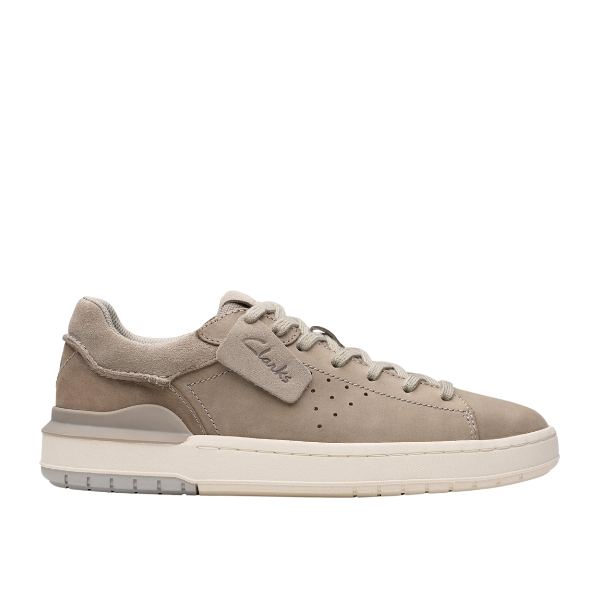 The CLARKS Mens Courtlite 2 Run Grey is a lace-up suede sneaker with perforated details, a thick white EVA sole, removable Contour Cushion footbed, and side branding.