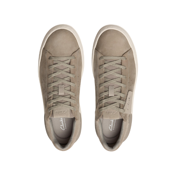 Top view of Clarks Mens Courtlite 2 Run Grey sneakers with matching laces and white soles, featuring a removable Contour Cushion footbed and lightweight EVA sole. The CLARKS logo appears on the insoles and tongue tags.