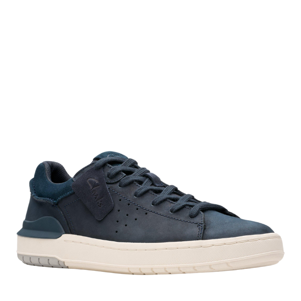 The Clarks Mens Courtlite 2 Run Navy by CLARKS is a dark blue retro sneaker with matching laces, perforated sides, suede accents, cushioned footbed, and thick off-white rubber sole, displayed at an angle on a white background.