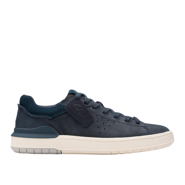 The Clarks Mens Courtlite 2 Run Navy sneaker by CLARKS features a navy upper, white rubber sole, navy laces, perforated sides, suede side accents, and a cushioned footbed, shown on a white background.