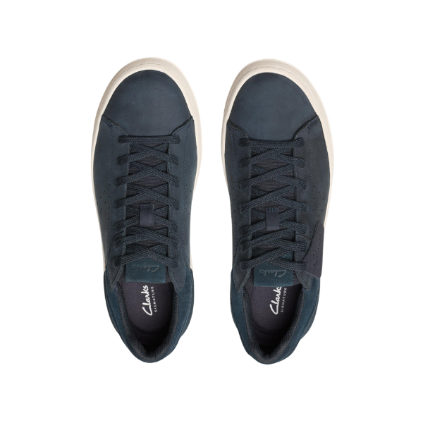 A pair of Clarks Mens Courtlite 2 Run Navy sneakers by CLARKS, shown from above on a white background. These retro shoes have dark blue laces, white soles, branded insoles, and a cushioned footbed for comfort.