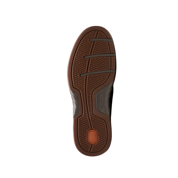 The CLARKS Un Briley Pace Wide Brown mens shoe features a brown and black sole with textured grip patterns and an orange oval near the heel, viewed from below—a solid foundation for comfort casual footwear.