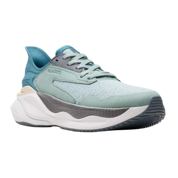 Light blue sneaker with white sole on a white background