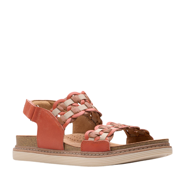 The CLARKS Womens Arwell Glide Wide Orange sandal features coral and beige braided nubuck straps, an open toe, ankle strap, thick textured sole, Contour Cushion Footbed, and a casual, comfortable design.