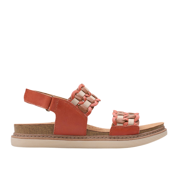 The Clarks Womens Arwell Glide Wide Orange sandal features a tan and coral nubuck upper, flat rubber sole, contour cushion footbed, open toe, ankle strap, and two woven braided straps—classic CLARKS style.