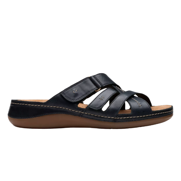 The Clarks Womens Cecily Slide Leather Wide Black sandal features three Wide straps, open toes and sides, a cushioned footbed, and white stitching on the sole. Shown in side profile against a white background.