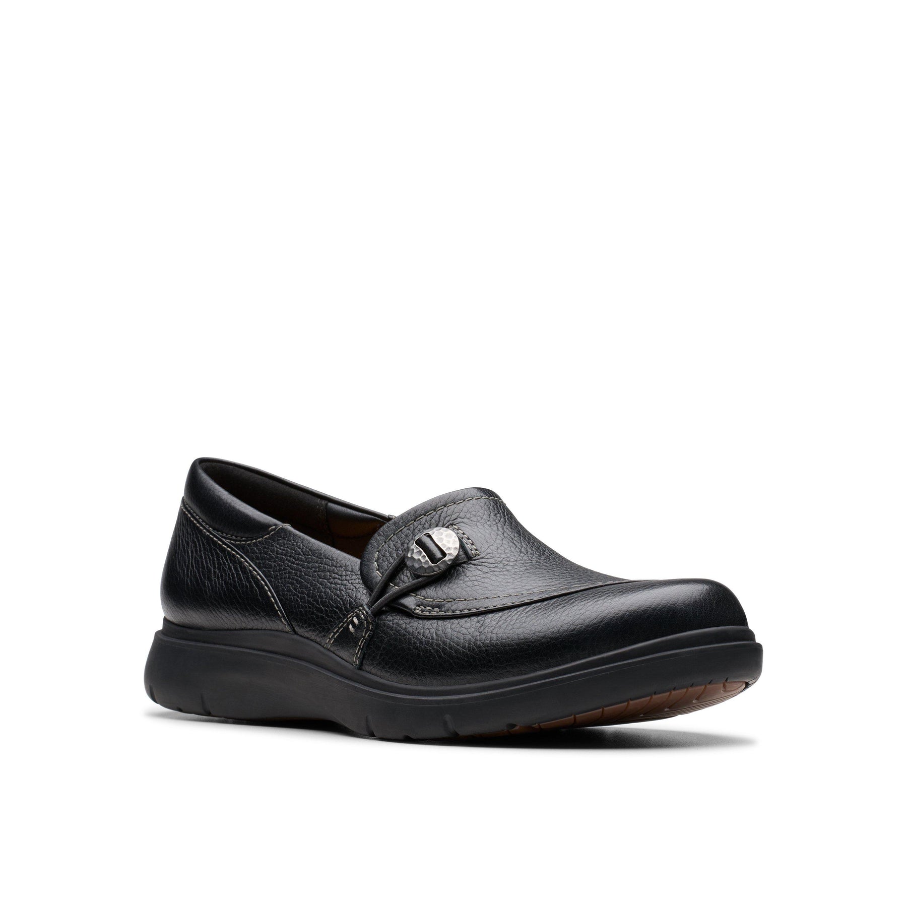 The Clarks Womens Certina Ease Wide Black loafer features black leather with a textured finish, low heel, and silver side buckle for comfort and style, showcasing the quality expected from CLARKS shoes. Displayed on a white background.