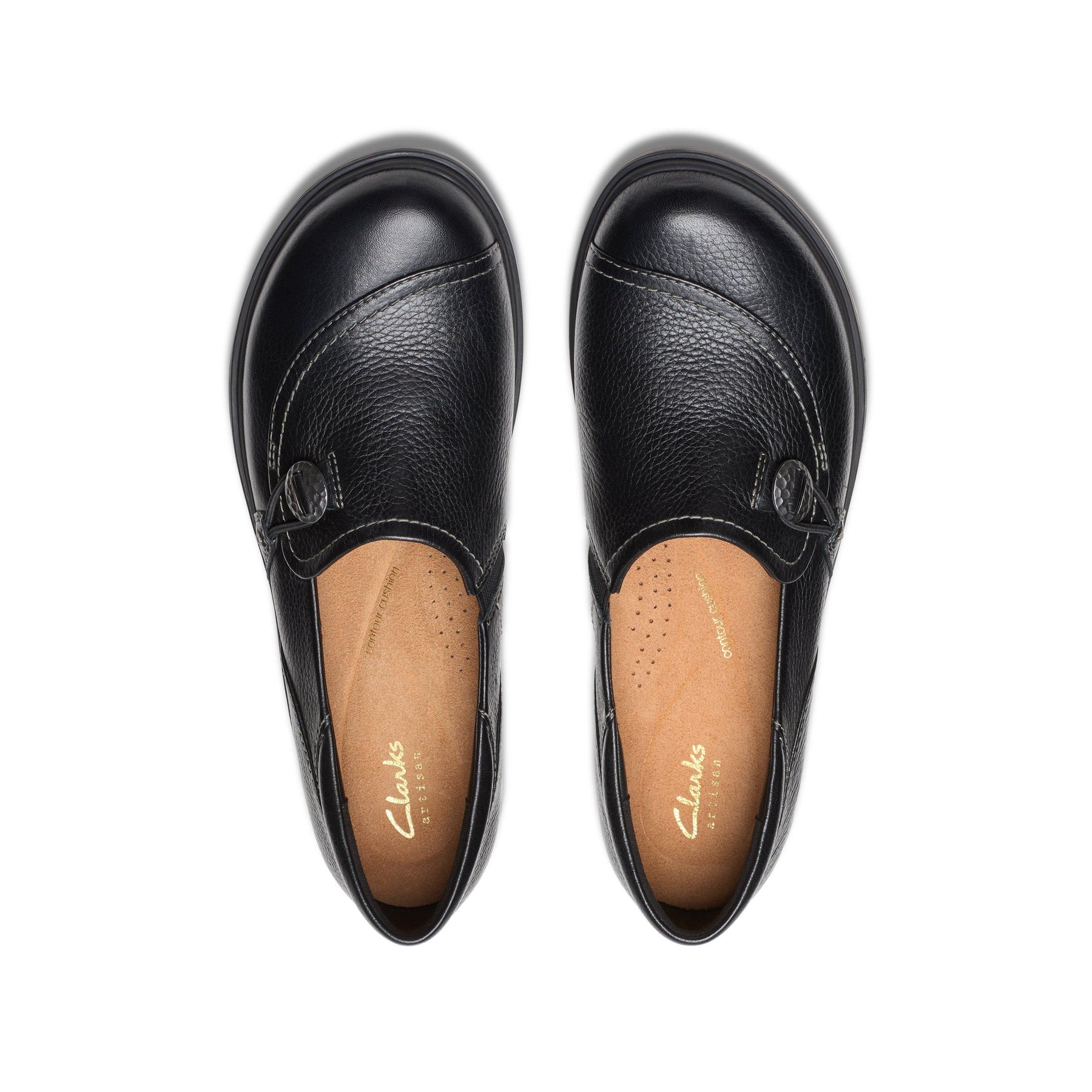 A pair of CLARKS Certina Ease Wide black leather womens shoes viewed from above, featuring rounded toes, stitched detail, and tan cushioned insoles with gold branding for comfort.