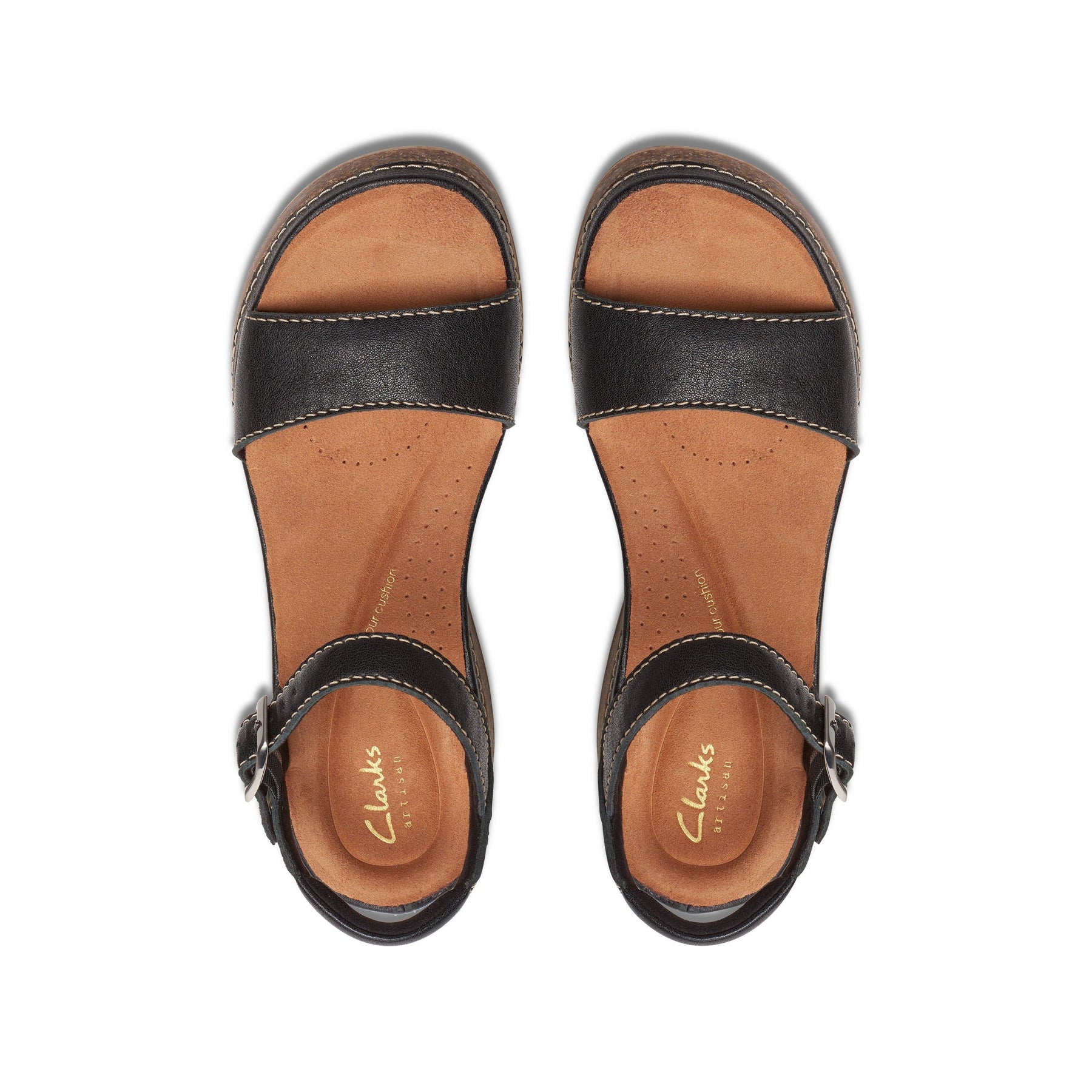 A pair of Clarks Womens Kassandra Lily Black open-toe sandals with tan insoles, ankle straps, visible stitching, and Contour Cushion footbed. Gold Clarks branding appears on the insoles when viewed from above.