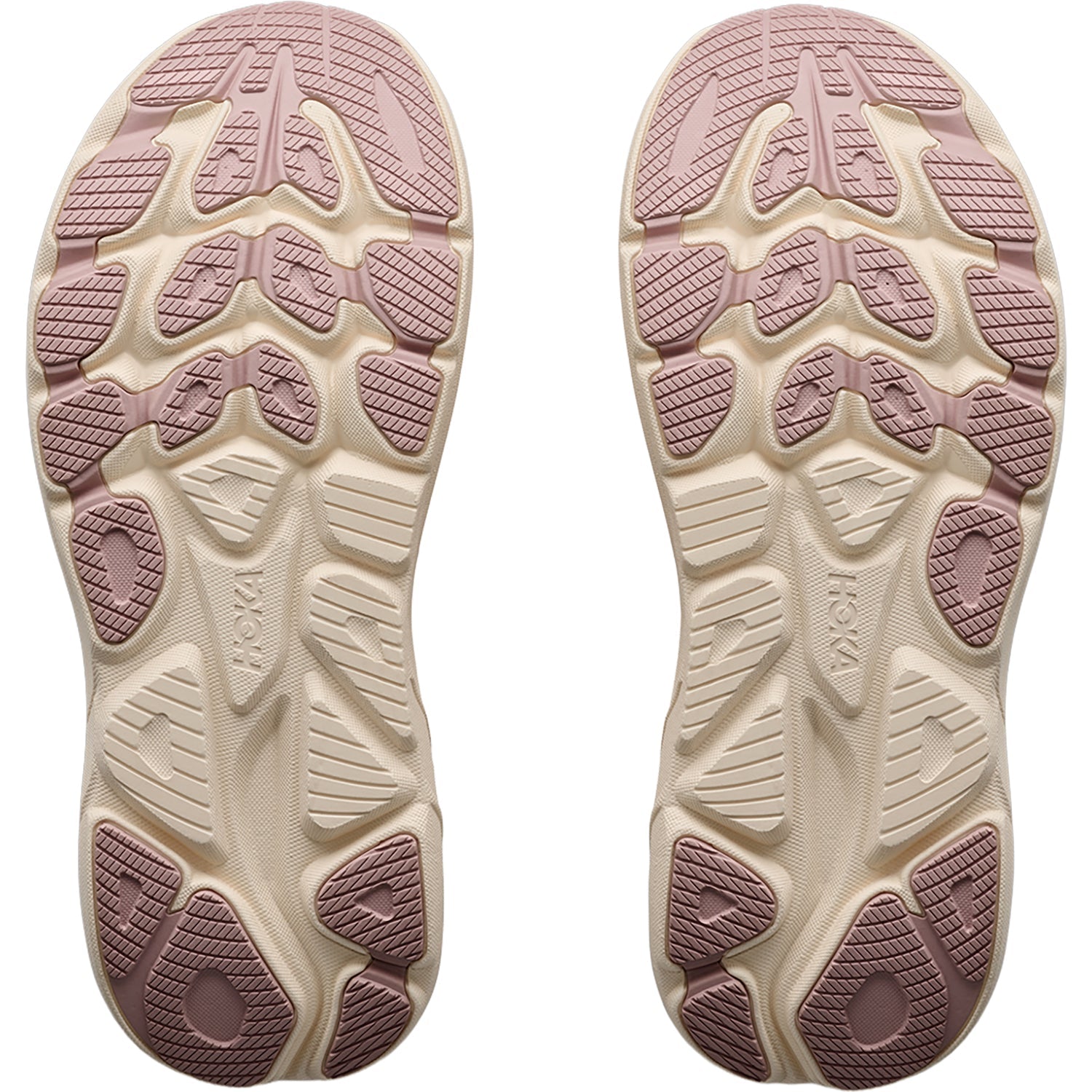 Outsole of the HOKA Women's Clifton 11 GLM Pink Opal/Quartzite running shoe, abrasion rubber tread for daily miles.