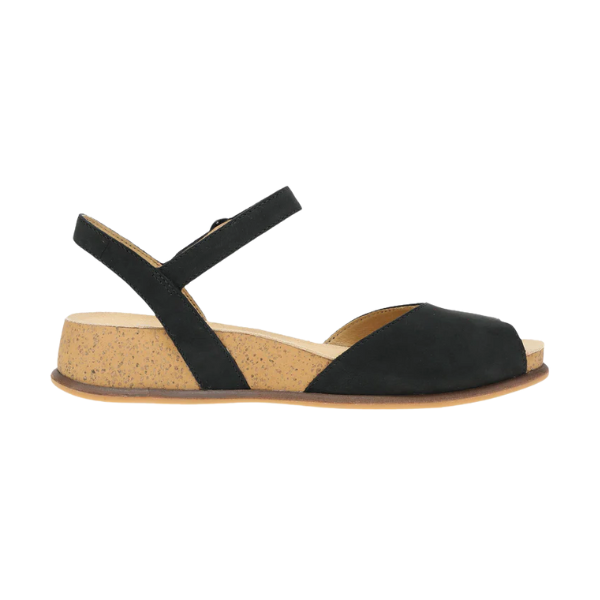 The Dansko Womens Cass Black Nubuck sandal by DANSKO features an open toe, slingback ankle strap, cork wedge midsole, and flat rubber sole for foot pain relief, shown in side profile on a white background.