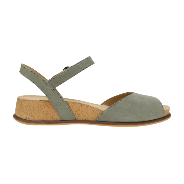 The Dansko Womens Cass Sage Nubuck by DANSKO is a minimalist green peep toe sandal with a closed heel, adjustable ankle strap, and tan cork sole with a slight wedge—offering comfort and style for foot pain relief.
