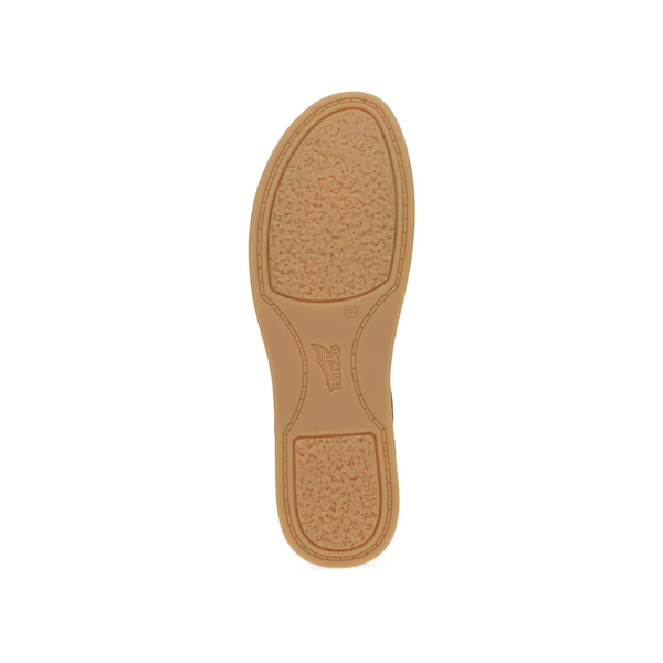 Tan rubber sole with textured grip, visible edge stitching, and a central DANSKO logo—designed for foot pain relief and inspired by Dansko Womens Cass Sage Nubuck. Displayed on a white background.
