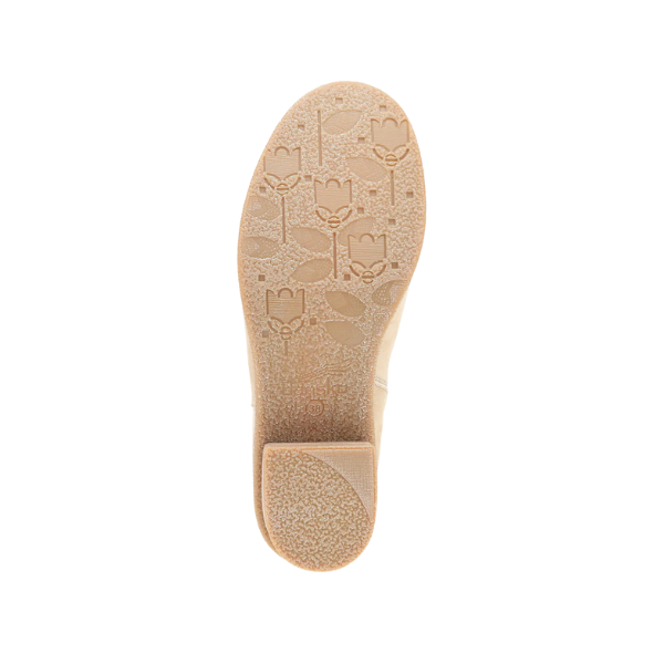 Beige sole with a textured floral and leaf pattern, shown from the bottom on a white background. Designed for the Dansko Womens Daisie Waterproof Sand boot by DANSKO, featuring Natural Arch technology for all-day comfort.