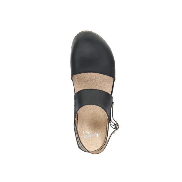 Top view of the DANSKO Womens Lucia Black clog with a tan insole, two cross straps, slingback strap, and rounded toe—a stylish closed-toe heeled clog offering comfort for foot pain.