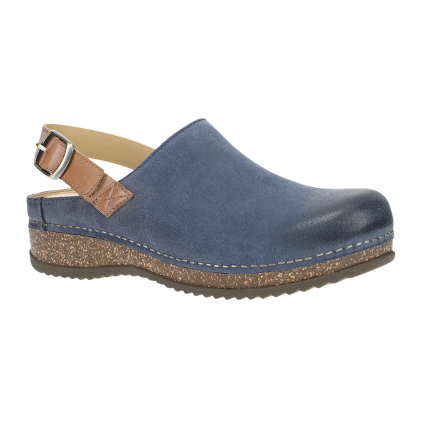 The Dansko Womens Merrin Blue by DANSKO is a stylish blue leather clog with a closed toe, brown adjustable slingback strap, visible stitching, and a textured brown sole with a low heel for foot pain relief.