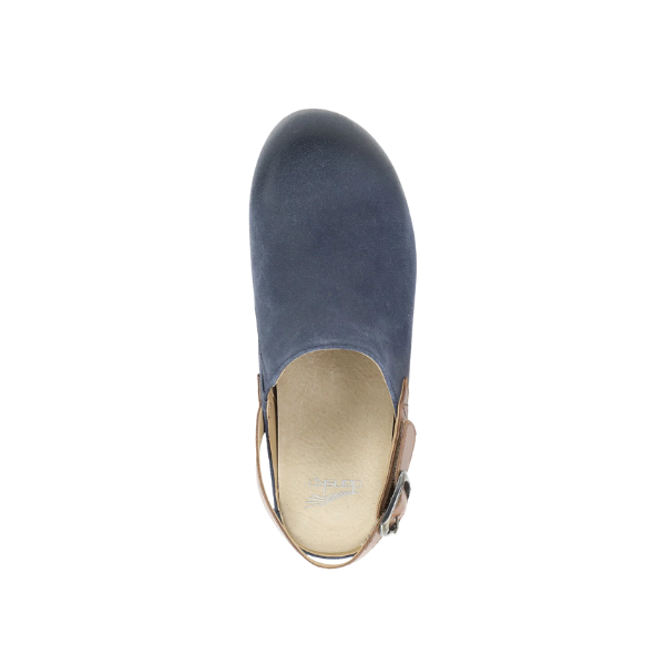 Top view of the DANSKO Dansko Womens Merrin Blue clog-style shoe with a tan insole and brown adjustable heel strap, designed for foot pain relief, set against a white background.