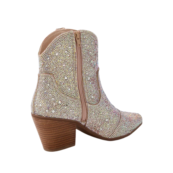 The Django & Juliette Womens Wagon Silver Jewel boot by DJANGO & JULIETT is an ankle-height cowboy boot with a chunky wooden heel, rhinestone embellishments, and a side zipper, shown on a white background.