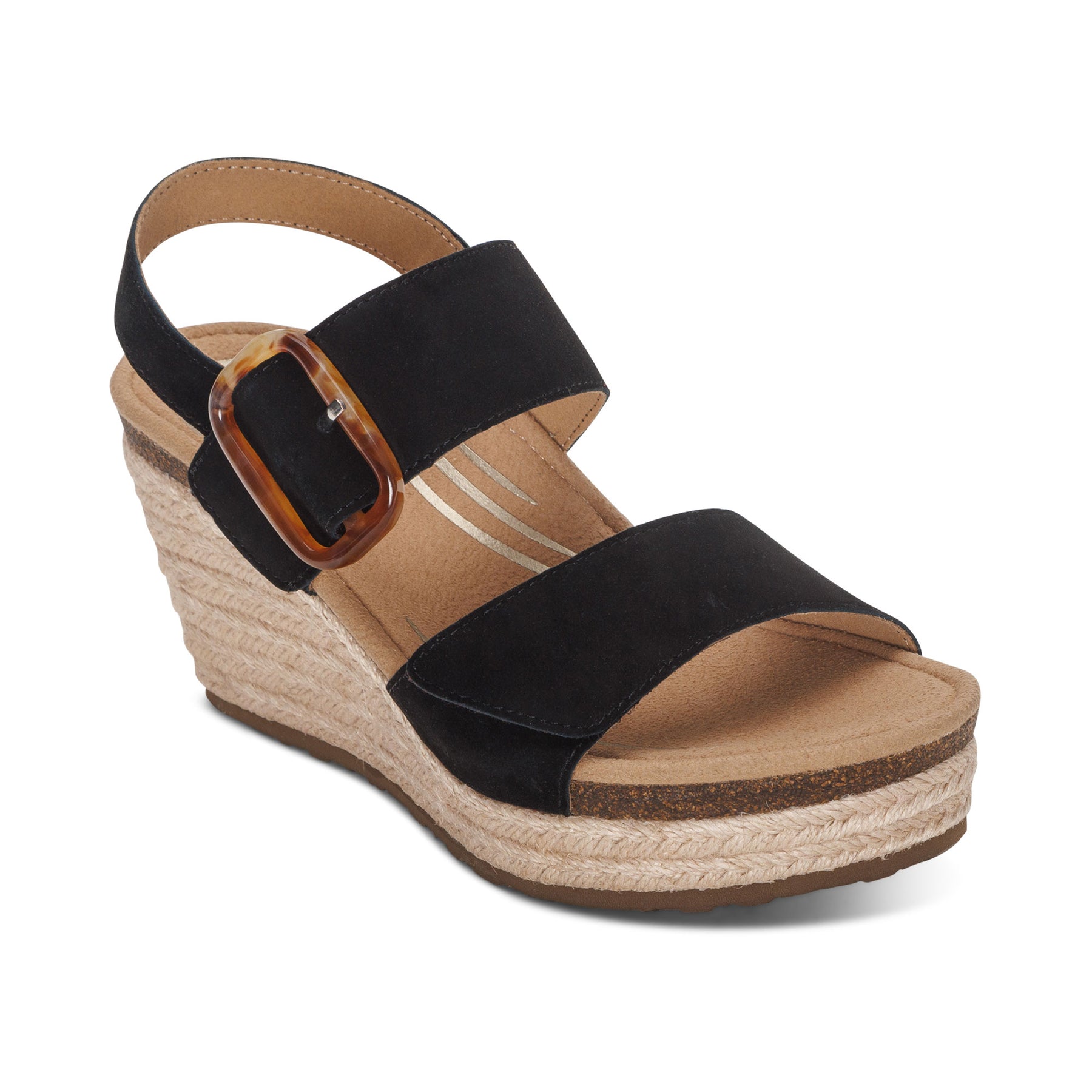 The Aetrex Womens Ashley Espadrille Wedge Black by AETREX WORLDWide INC features two Wide black straps, a brown side buckle, a tan arch-support insole, and a rope-wrapped platform sole for stylish comfort.