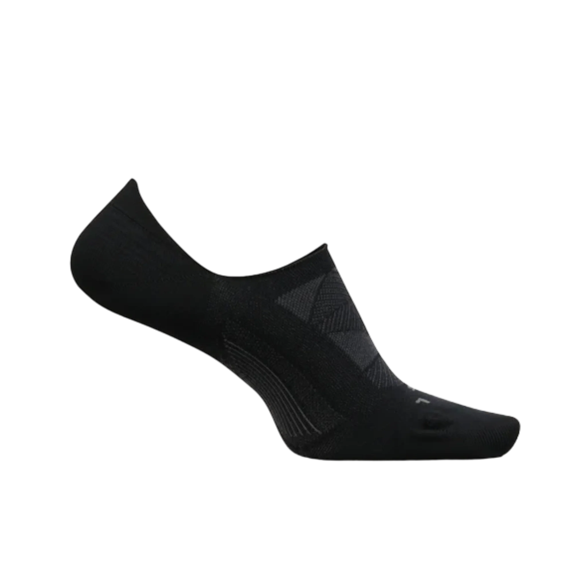 A single FEETURES Unisex Elite Ultra Light Invisible Black no-show sock featuring a low-cut design, subtle textured patterns, and targeted compression is displayed against a plain background.