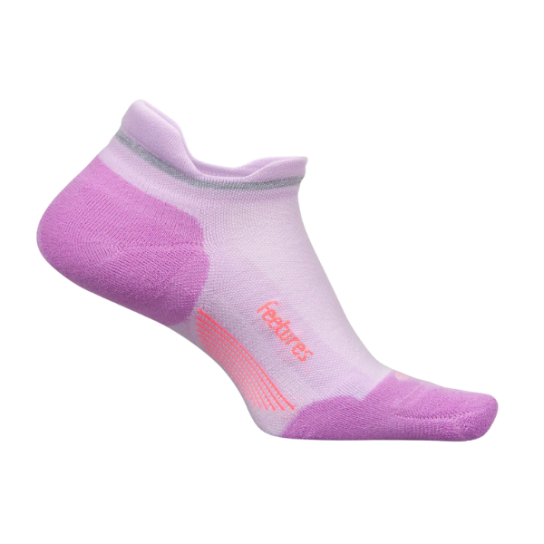 The FEETURES Elite Max Cushion Tab Pink/Purple is a low-cut athletic sock in light pink and purple with a gray cuff stripe, red feetures branding, and features Targeted Compression and Elite Max Cushion for comfort.