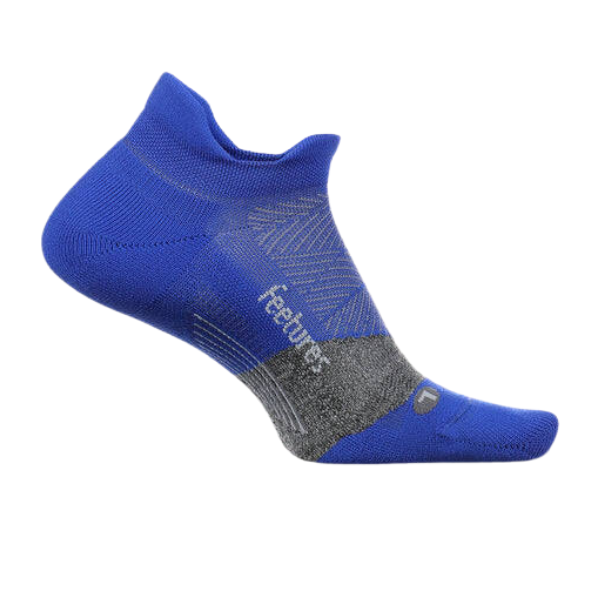 The Feetures Unisex Max Cushion Tab Blue, a single low-cut athletic sock in blue and gray with mesh ventilation to prevent blisters, displays FEETURES branding on a plain white background.