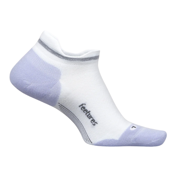 The FEETURES Elite Max Cushion Tab White/Purple is a single low-cut white athletic sock with light gray heel and toe accents, a gray stripe near the cuff, feetures on the side, and designed for blister protection.