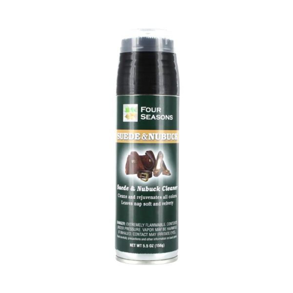 A can of BURTEN DIST Four Seasons Suede & Nubuck Clean features a black cap and a label with brown shoes and a bag, ideal for cleaning, rejuvenating, and protecting suede and nubuck items.