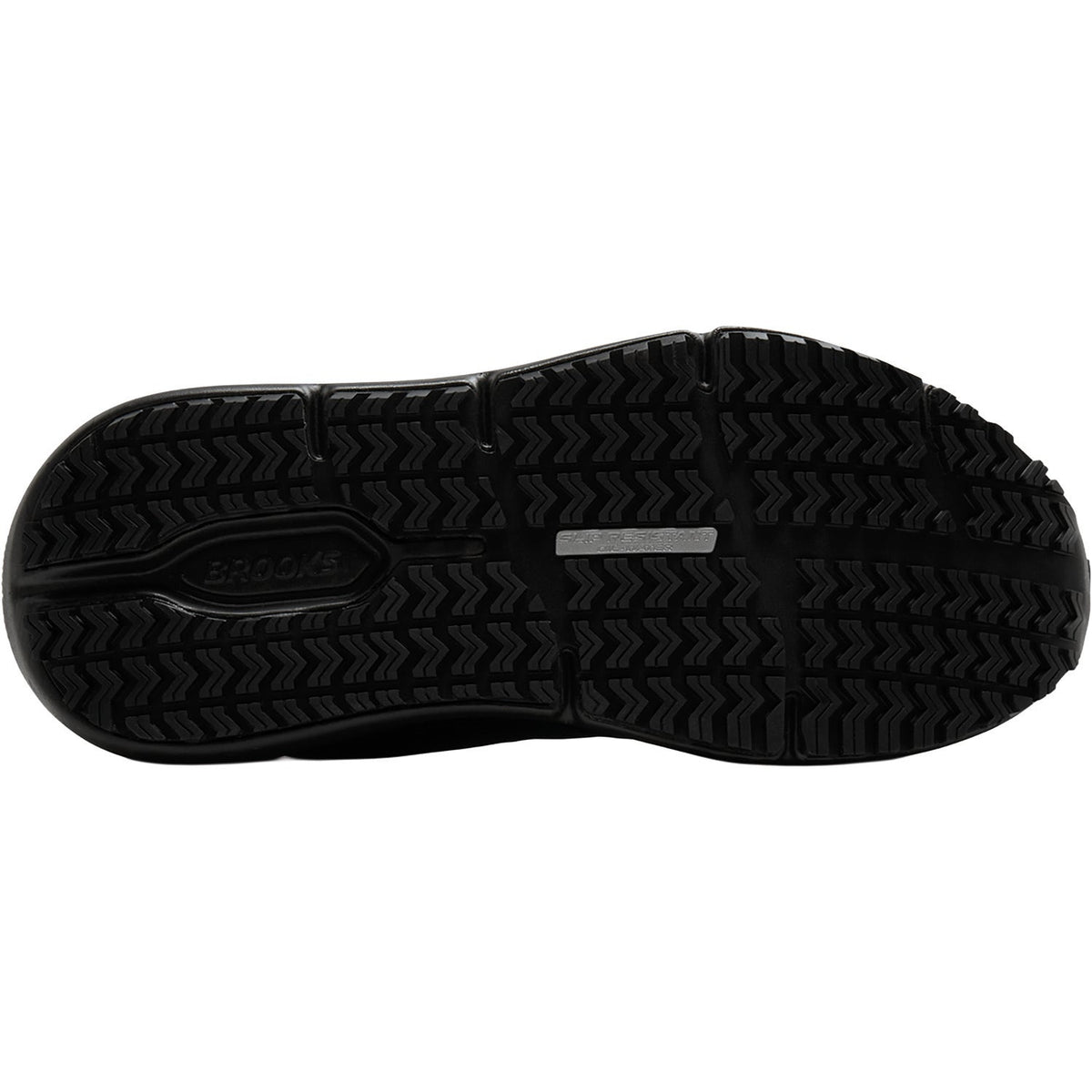 BROOKS Women's Ghost Max SR Wide Black/Black work shoe, VersiGrip slip-resistant tread pattern, outsole view.