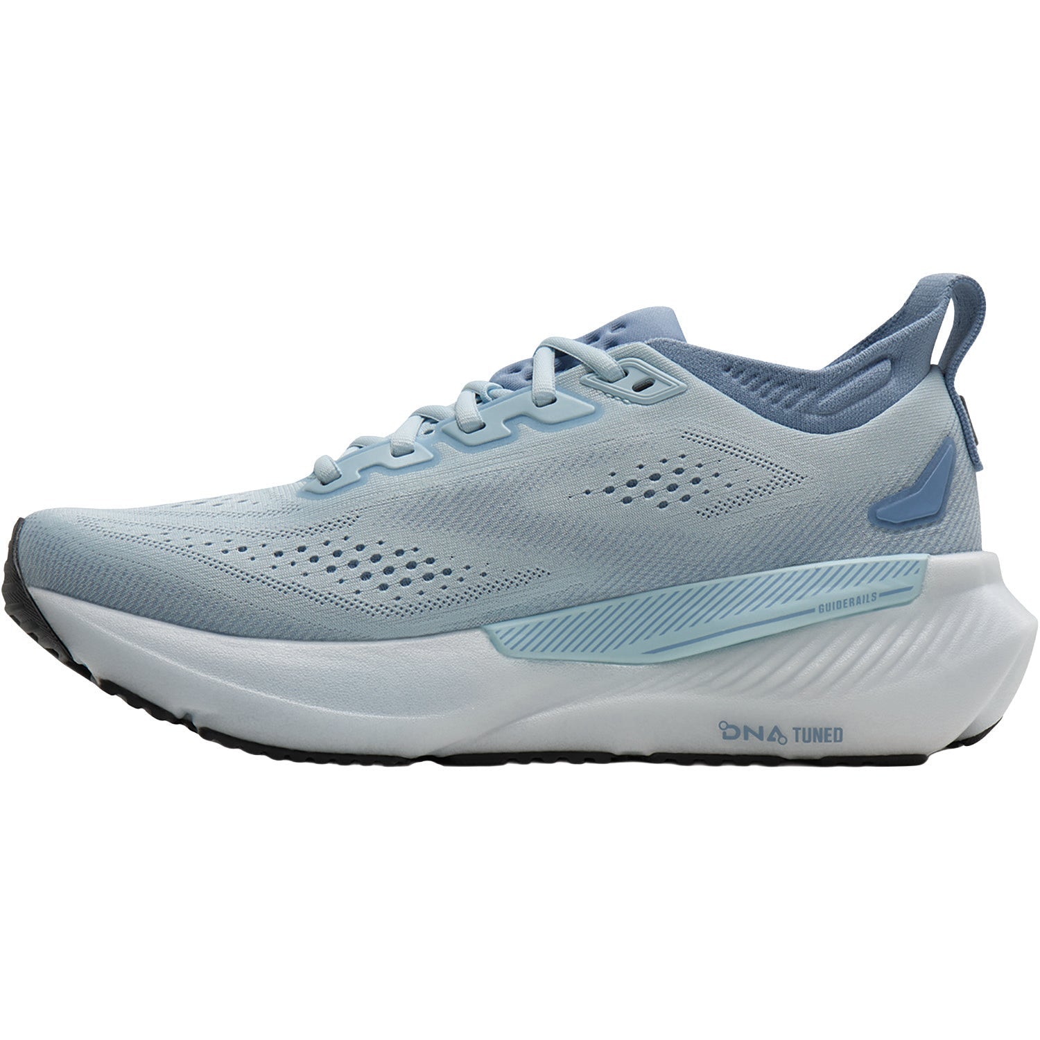 BROOKS Women's Glycerin GTS 23 Blue/Grey shoe, engineered knit upper and lacing, alternate view.