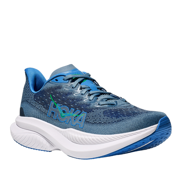 The HOKA Mens Mach 6 Wide Blue features a textured blue upper, white cushioned sole, blue laces, and HOKA logo—providing comfort and support for everyday running, ideal for those with foot pain.