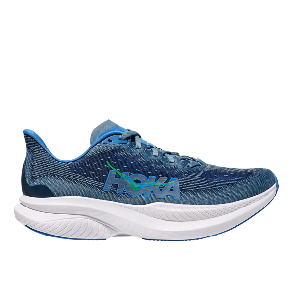 The HOKA Mens Mach 6 Wide Blue is a lightweight running shoe with a breathable mesh upper, cushioned midsole for comfort and reduced foot pain, white sole, and signature HOKA logo—ideal for everyday runs.
