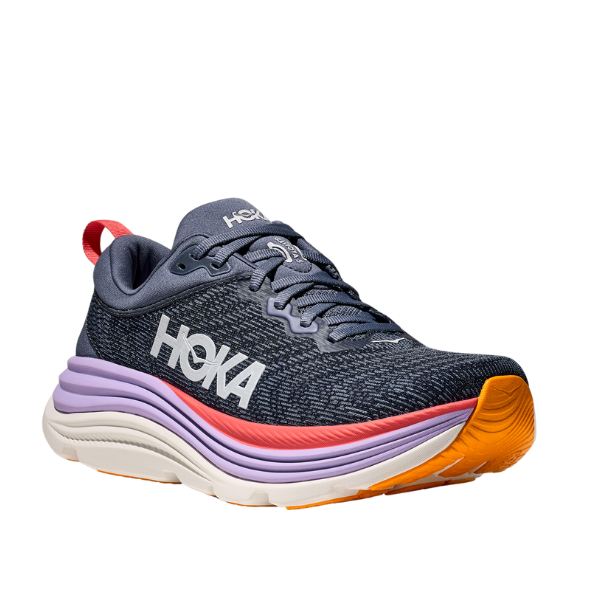 The HOKA Womens Gaviota 5 Wide Anchor/Grapefruit running shoe features a dark gray mesh upper, white HOKA logo, purple and coral midsole accents, an orange-and-white outsole, Stabilizing H-Frame tech, and a red heel pull tab.
