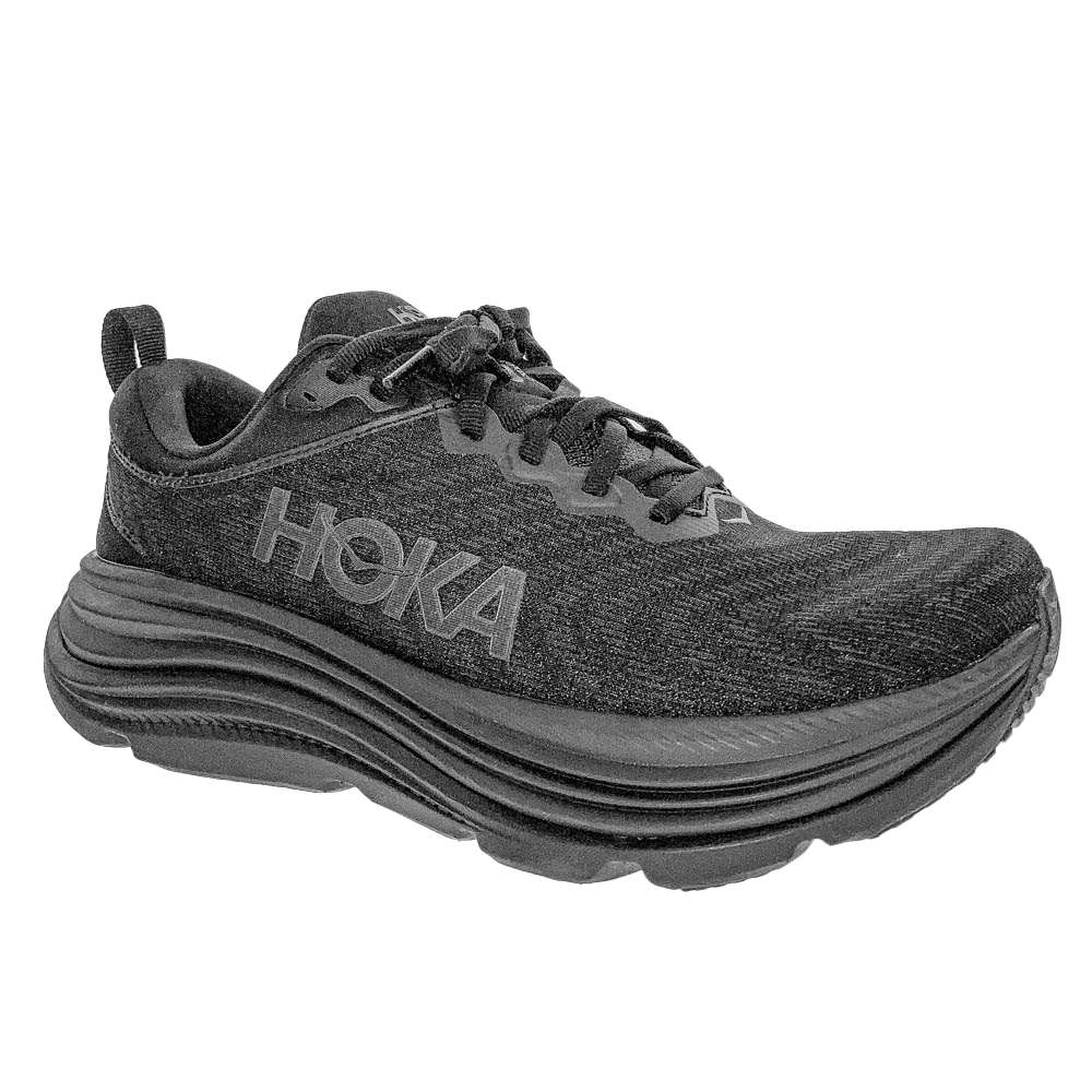 The HOKA Womens Gaviota 5 Wide Black running shoe is shown angled on a white background, featuring stabilizing H-Frame technology, a cushioned sole, and lace-up closure—ideal for foot pain relief.