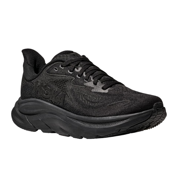 Black running shoes with visible brand logo on a white background
