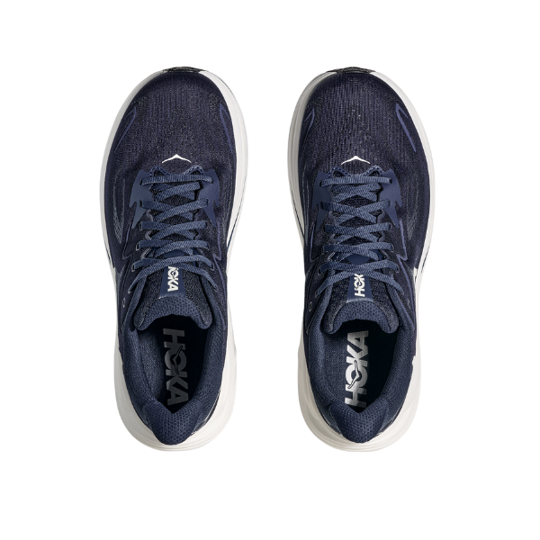 Top view of HOKA Mens Clifton 10 Wide Navy running shoes with white soles, side by side on a white background, showcasing their cushioned, plush performance design.