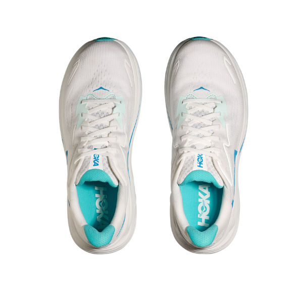 Top view of HOKA Mens Clifton 10 Wide White/Blue running shoes—white sneakers with teal interiors and blue insoles branding—displayed on a plain background, ideal for those seeking cushioned comfort.