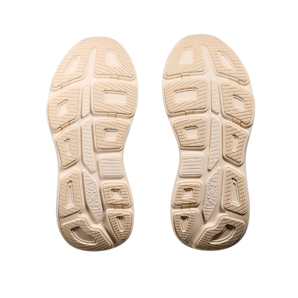 Top view of two HOKA Womens Bondi 9 Wide Vanilla/Birch soles, featuring a geometric tread for grip and flexibility—ideal for plantar fasciitis—displayed on a white background.