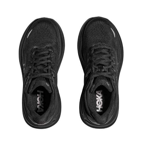 Black running shoes with 'Hoka' branding on a white background