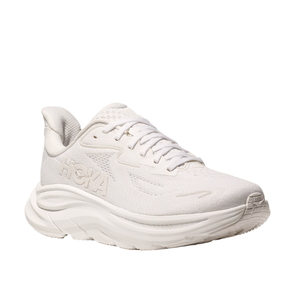 The HOKA Womens Clifton 10 White is a modern athletic sneaker featuring a plush cushioned sole, breathable mesh upper, laces, and the HOKA logo on the side.